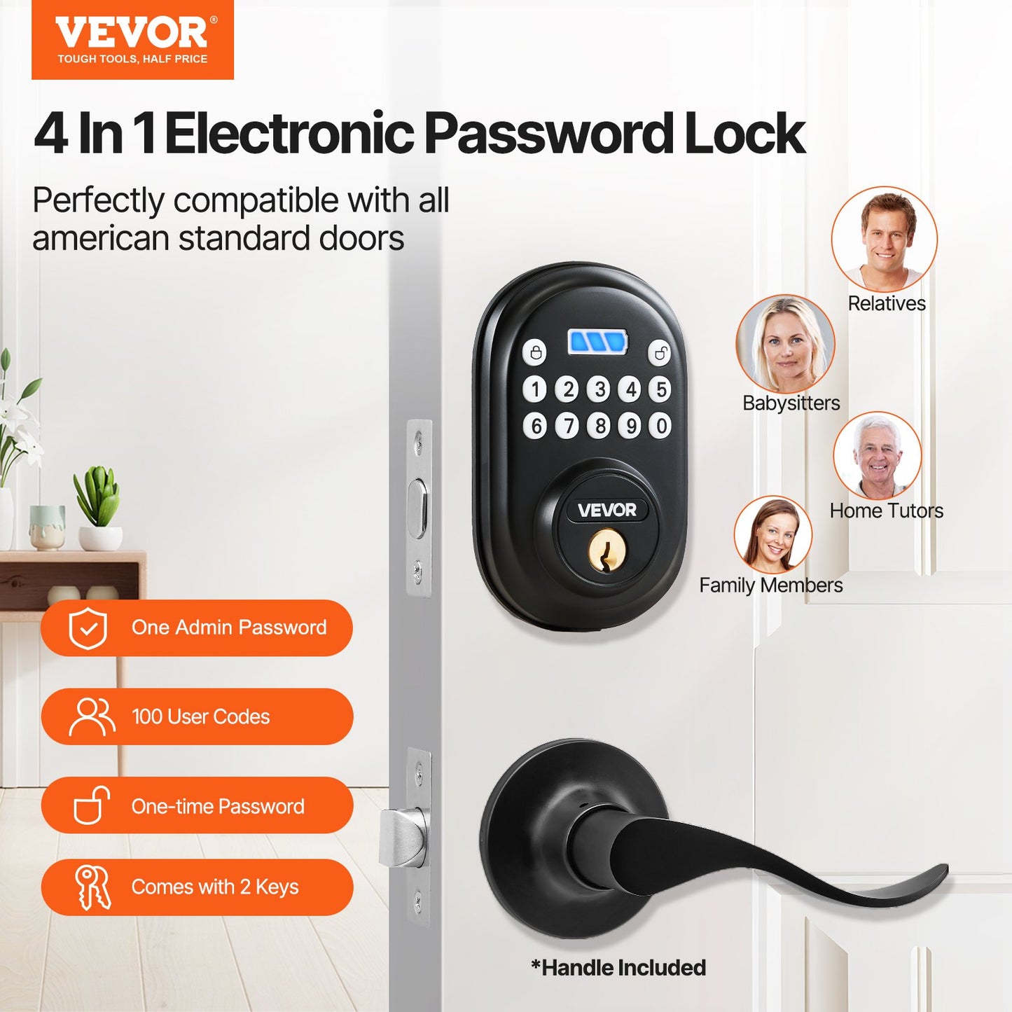 Keyless Door Lock with Handle — Password & Key Entry