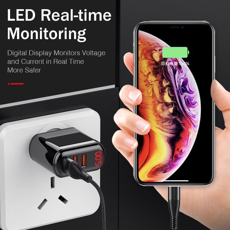 3-Port USB Fast Charger — 3.4A with LED Display, Travel-Ready
