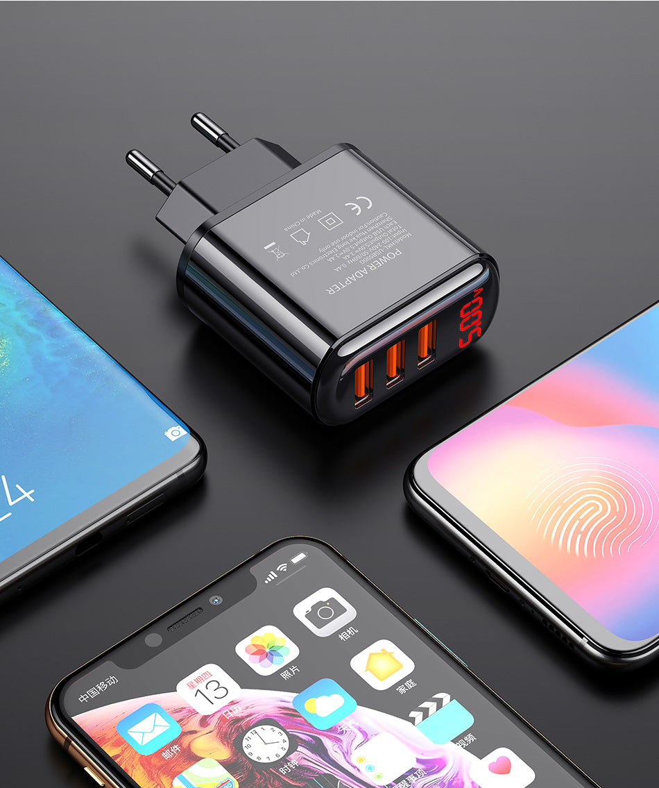 3-Port USB Fast Charger — 3.4A with LED Display, Travel-Ready
