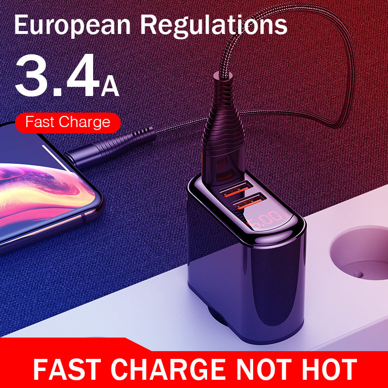 3-Port USB Fast Charger — 3.4A with LED Display, Travel-Ready