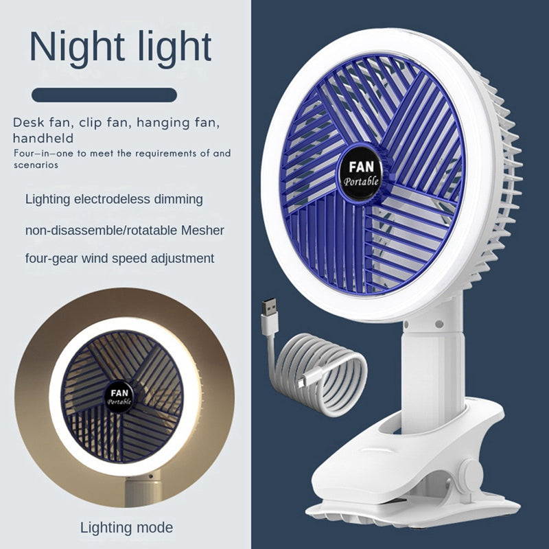 Desktop Clip Fan with LED Desk Lamp — Rechargeable, Wall Mount
