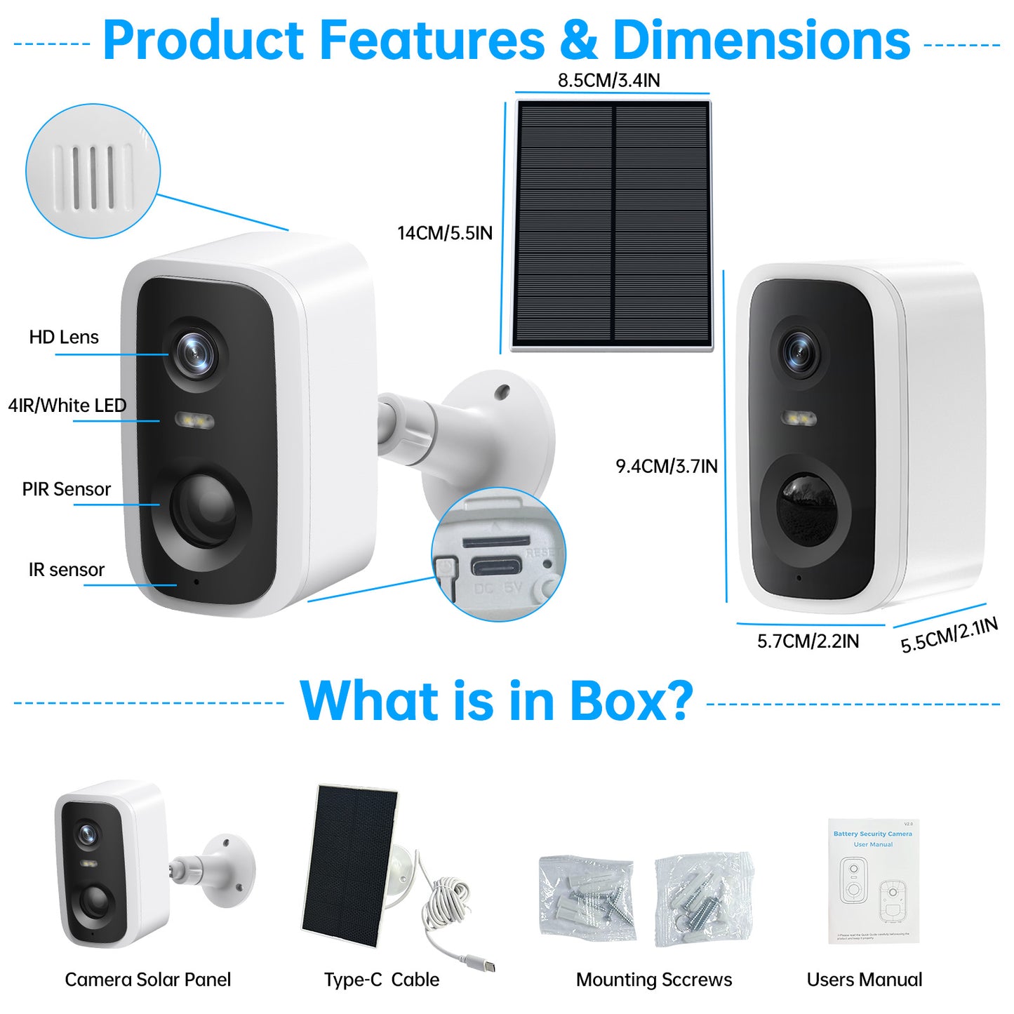 Solar WiFi Security Camera — 2K, 5000mAh, Human Detection