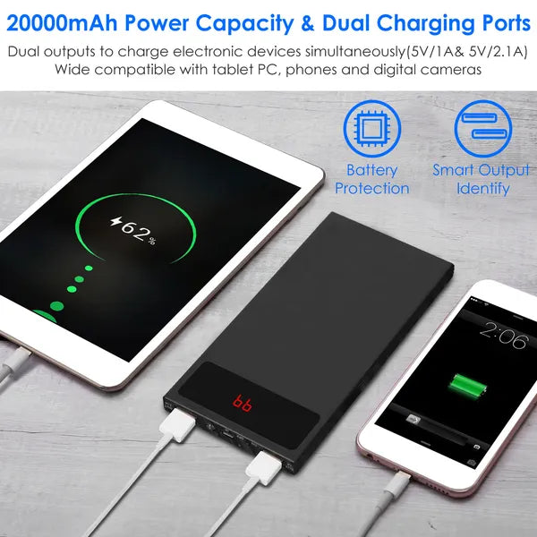 20000mAh Slim Power Bank – Dual USB, Flashlight, Battery Display
