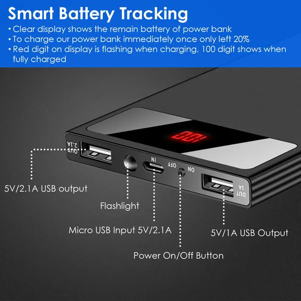 20000mAh Slim Power Bank – Dual USB, Flashlight, Battery Display